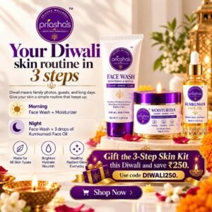 Priasha Wellness Diwali 3-Step Skin Kit – Face Wash, Moisturiser & Face Oil